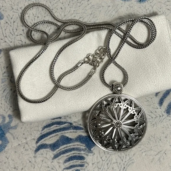 Brighton Capella Long Necklace Silver Plated 2"D Medallion Thick Chain